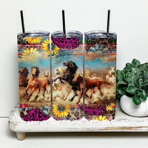 Running Horses Leopard Sunflower 20oz Tumbler With Metal Straw